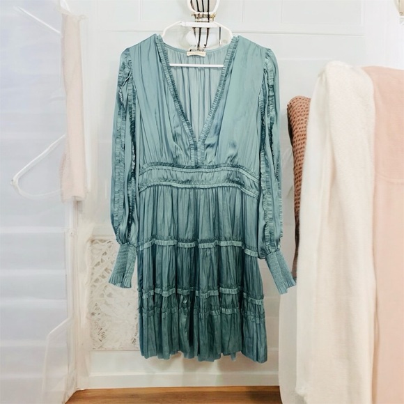 Ulla Johnson Gemma Teal Satin Long Sleeve Mini Dress - Picture 3 of 5